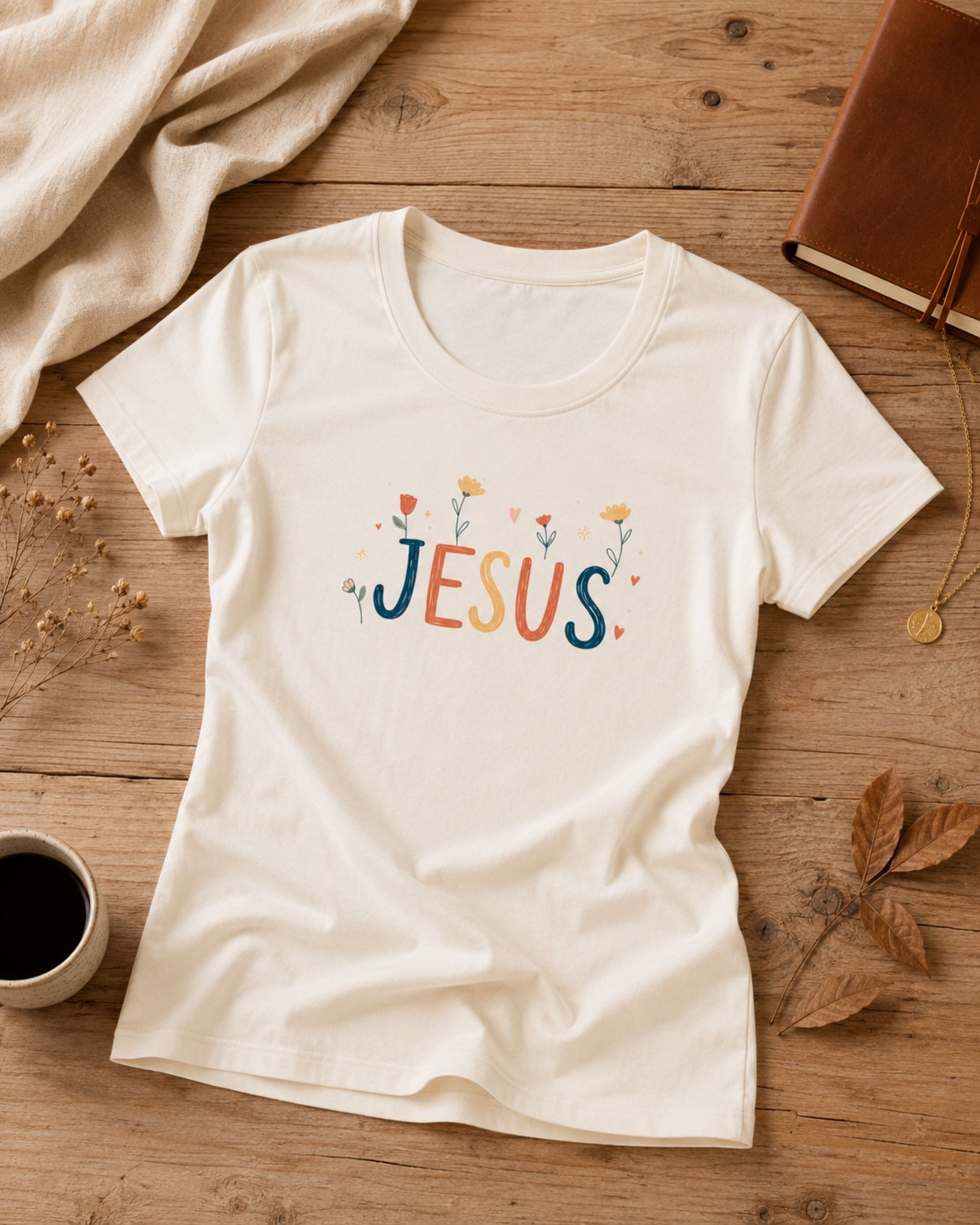 Baby Look Cristã Jesus Off White | KeA Shop Baby Look Cristã Jesus off white 100% algodão da KeA Shop em fotografia flat lay.