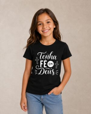 Camiseta Infantil Cristã Tenha Fé em Deus preta 100% algodão da KeA Shop.
