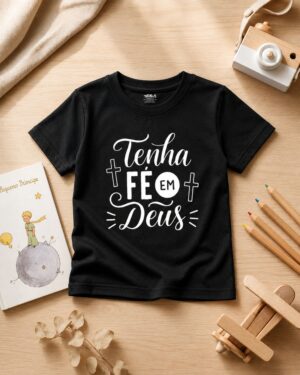 Camiseta Infantil Cristã Tenha Fé em Deus preta 100% algodão da KeA Shop em fotografia flat lay.