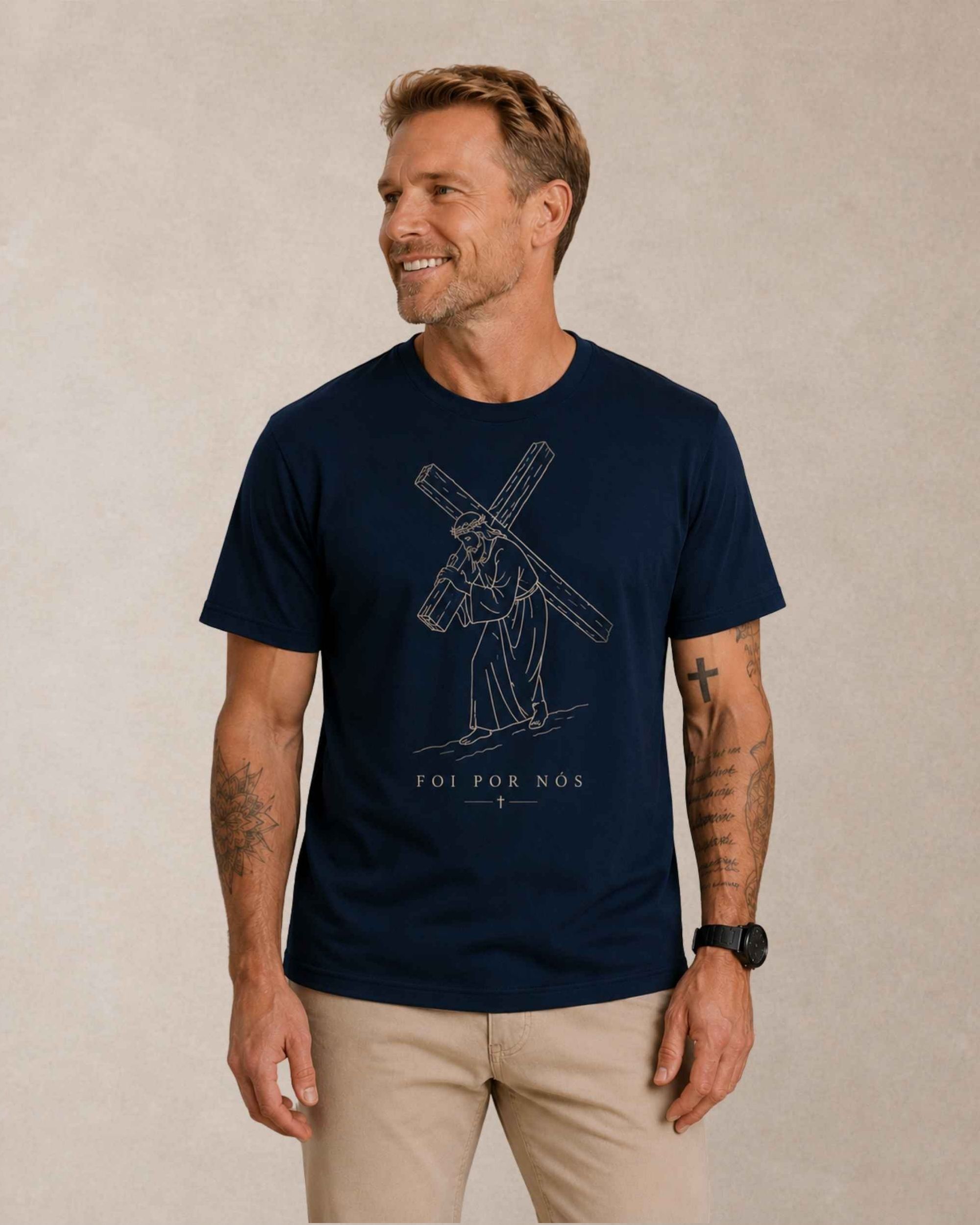 Camiseta Masculina Foi Por Nós Marinho 001 Camiseta Masculina Cristã Foi Por Nós Azul Marinho
