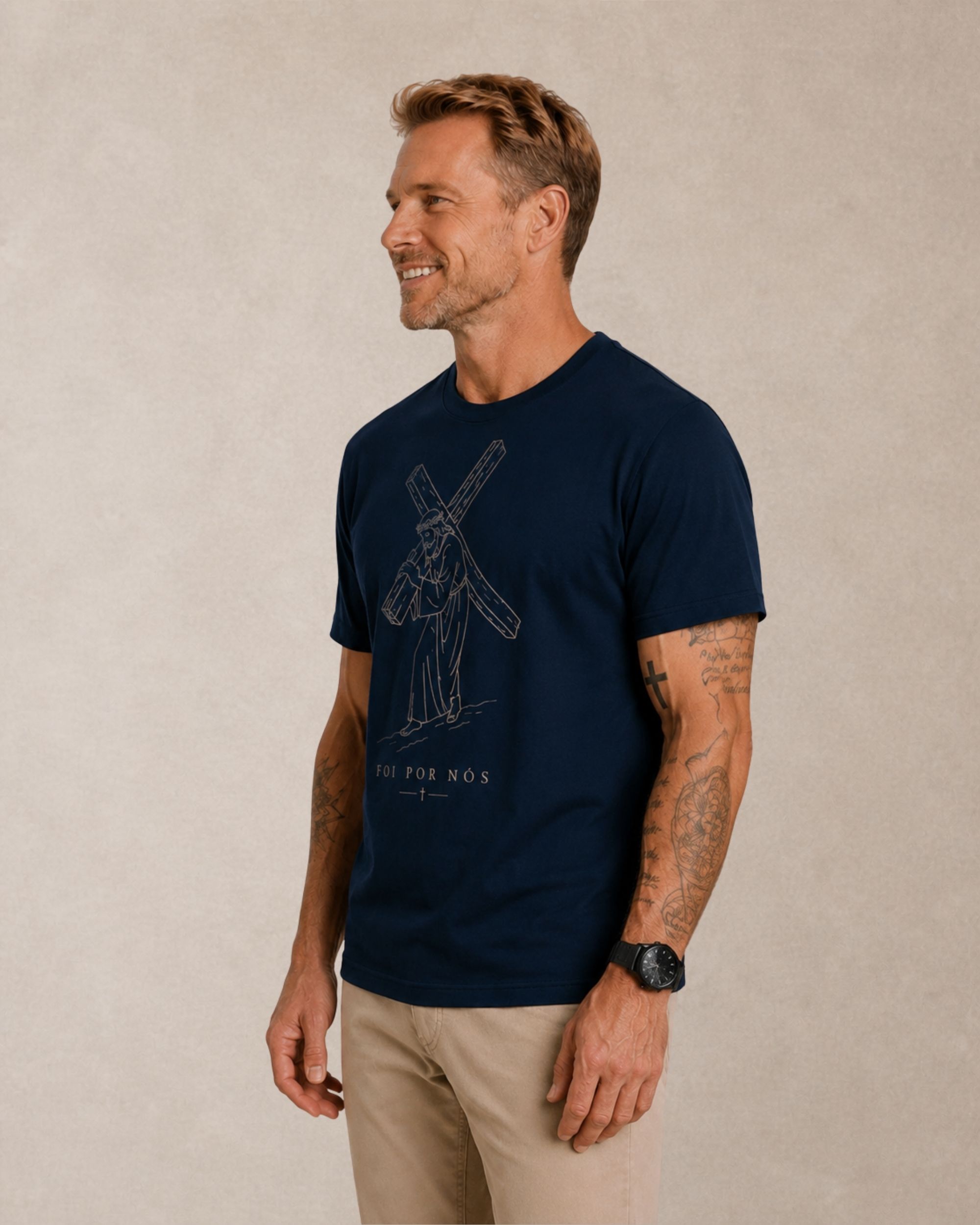 Camiseta Masculina Foi Por Nós Marinho 002 Camiseta Masculina Cristã Foi Por Nós Azul Marinho