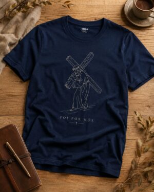 Inicio 21 Camiseta Masculina Cristã Foi Por Nós Azul Marinho