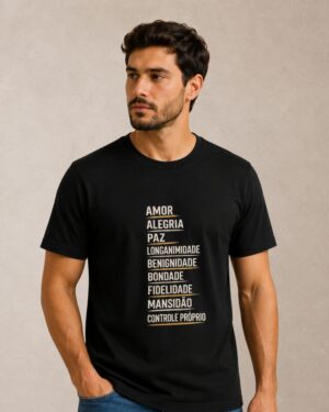 Inicio 18 Camiseta masculina cristã Fruto do Espírito preta 100% algodão