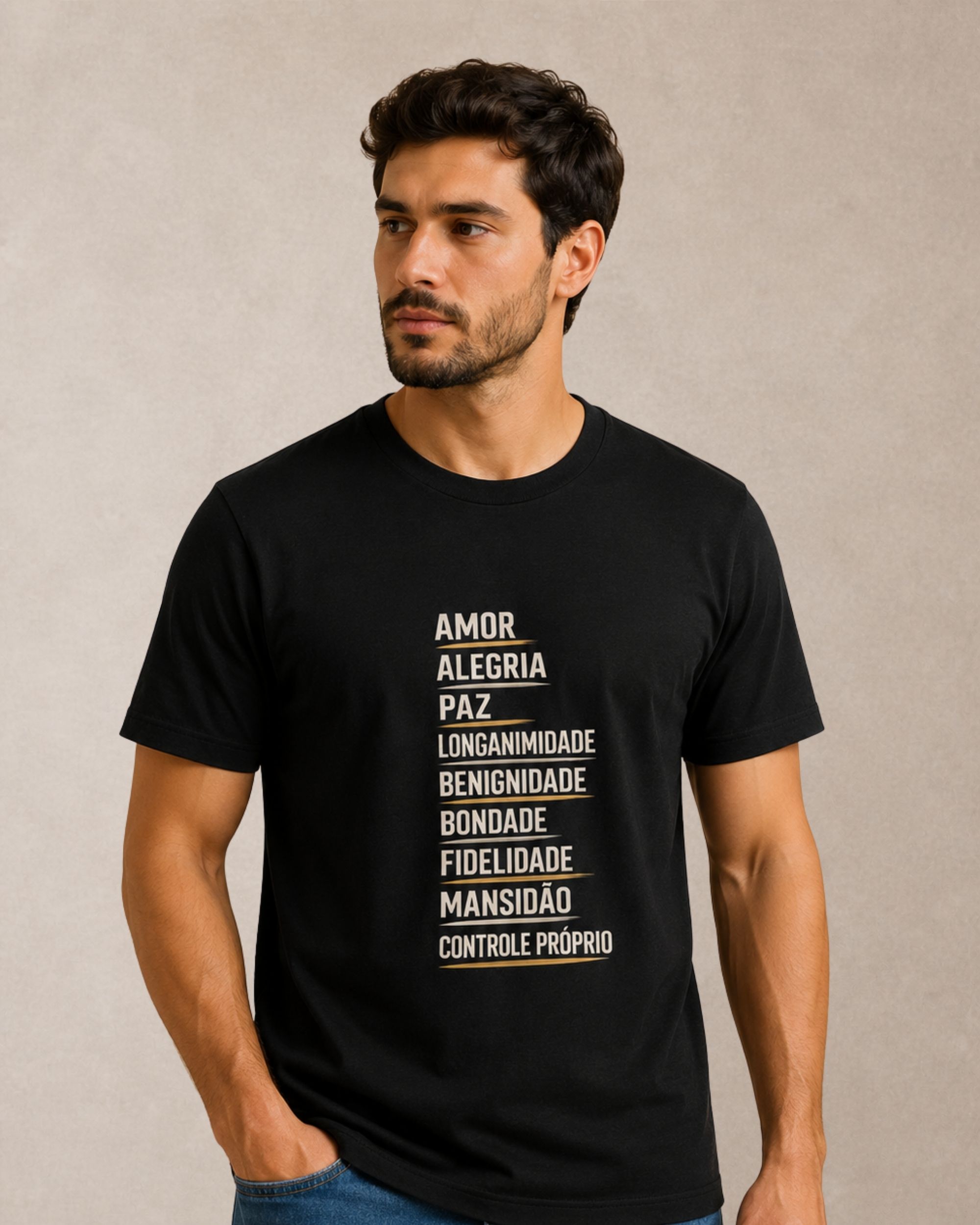 Camiseta masculina cristã Fruto do Espírito preta 100% algodão