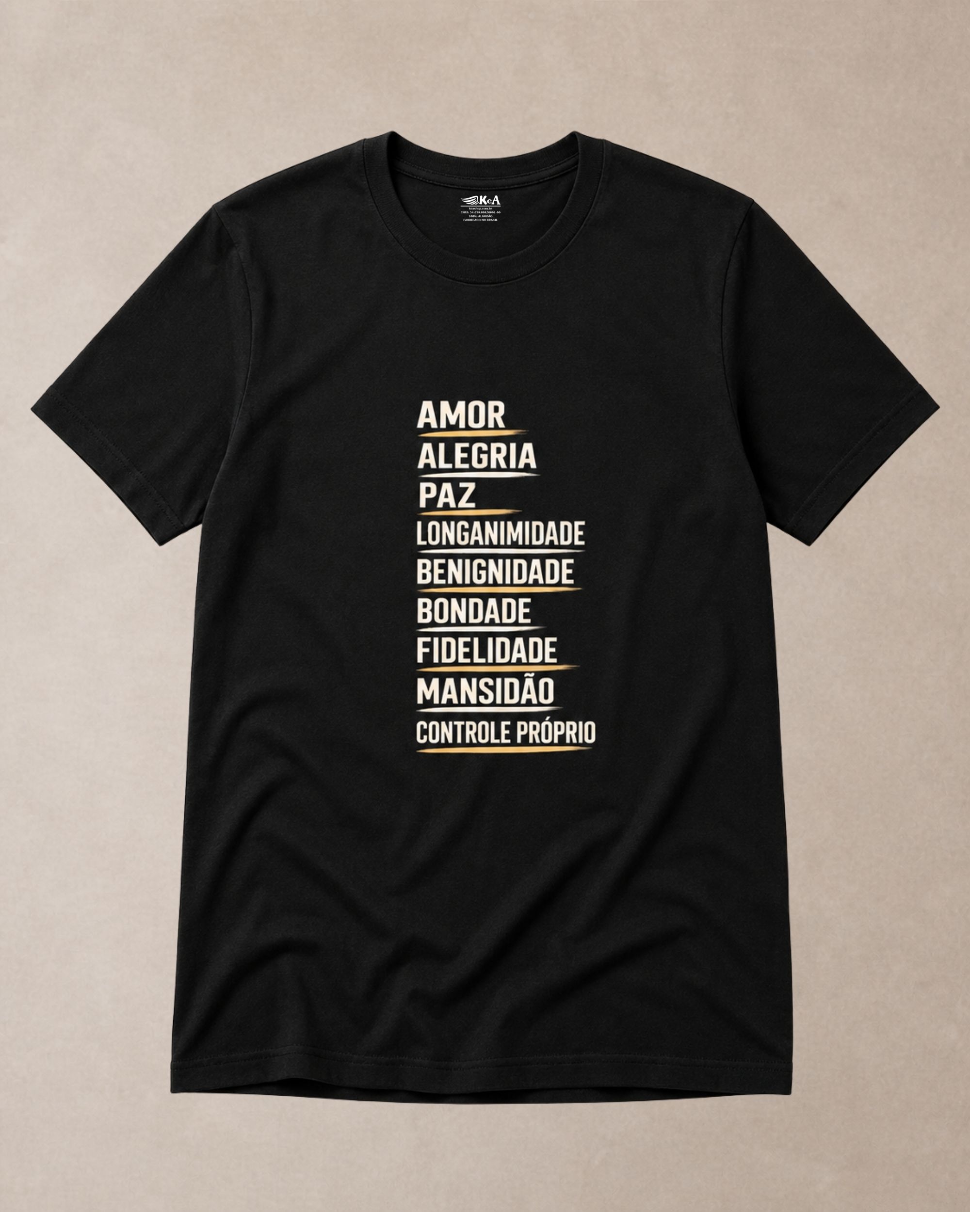 Camiseta masculina cristã Fruto do Espírito preta 100% algodão