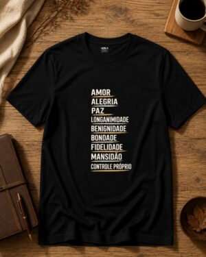 Inicio 19 Camiseta masculina cristã Fruto do Espírito preta 100% algodão