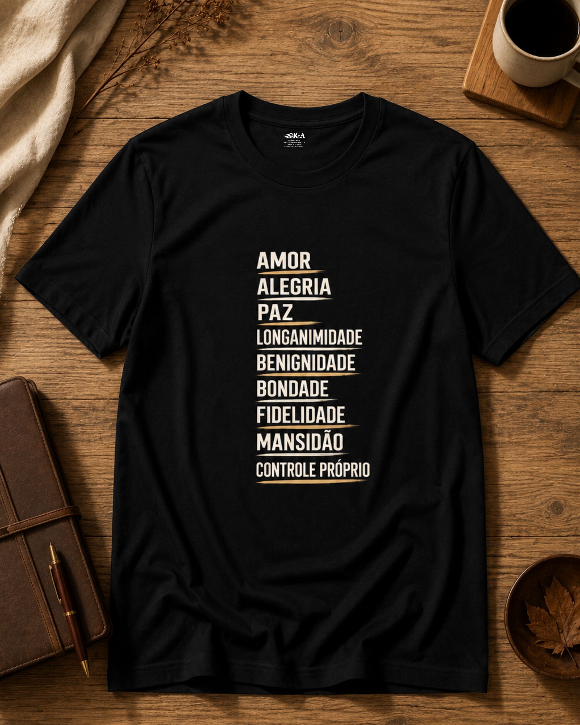 Camiseta masculina cristã Fruto do Espírito preta 100% algodão