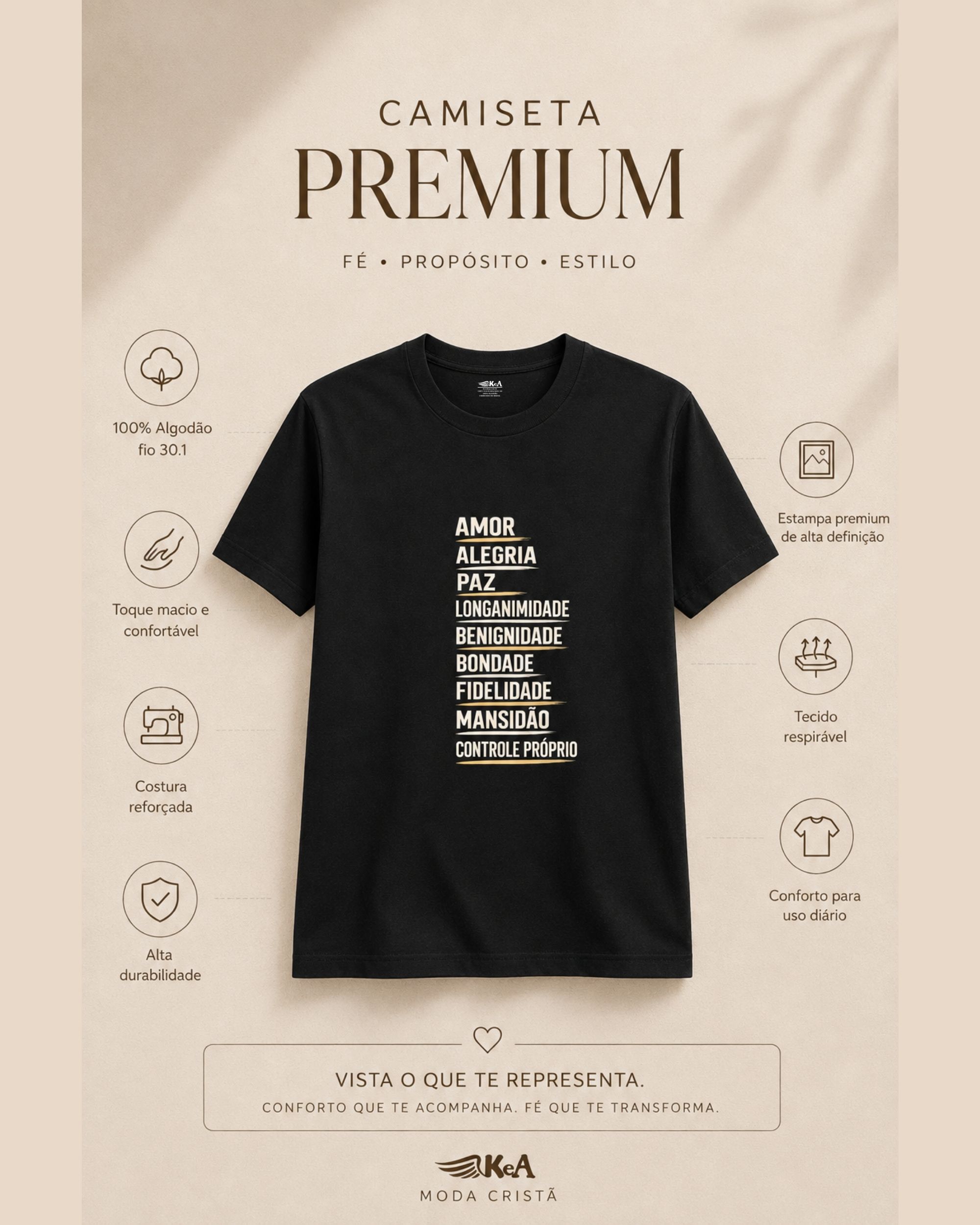 Camiseta masculina cristã Fruto do Espírito preta 100% algodão