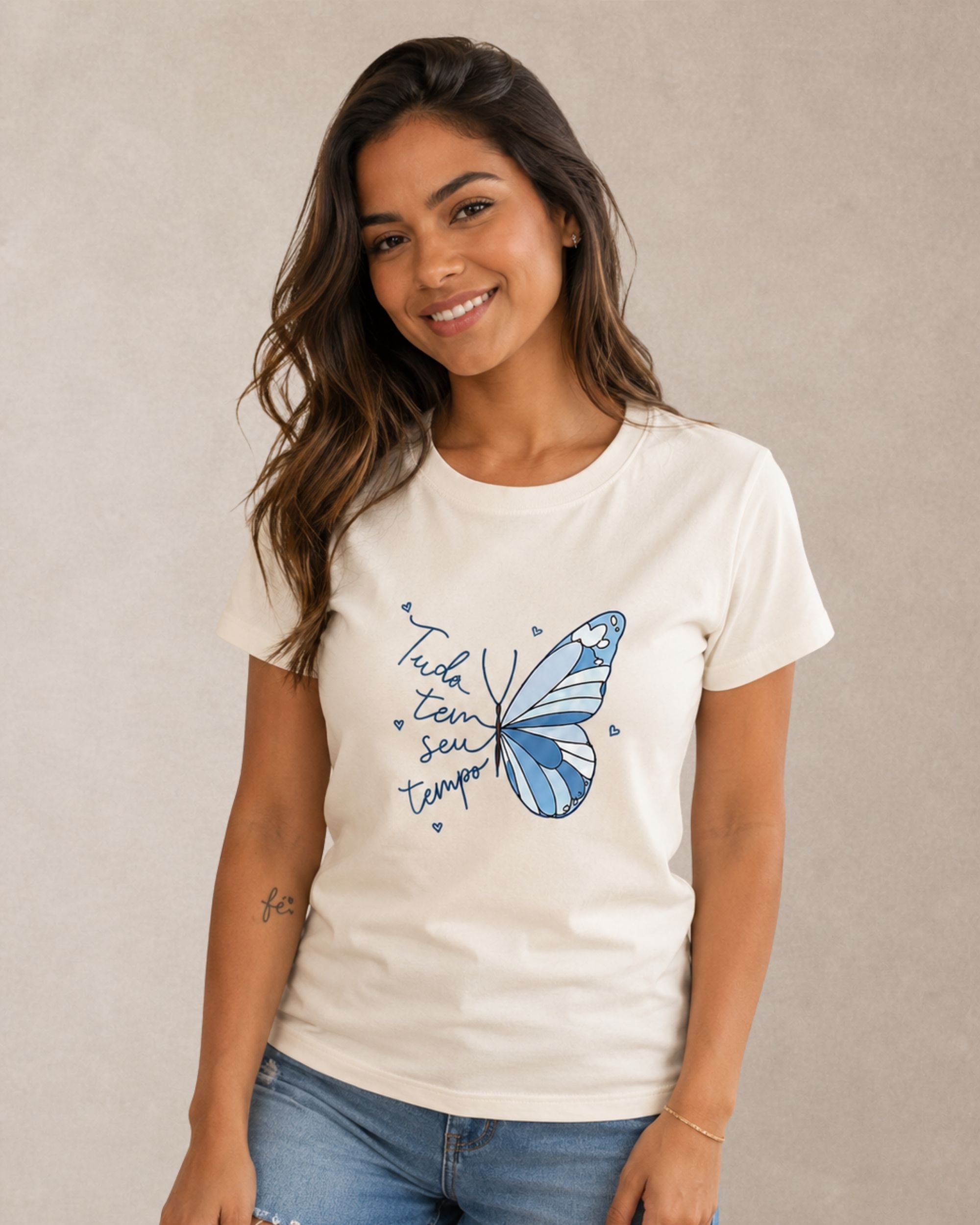 baby look cristã Tudo tem seu tempo off-white Baby Look Feminina Cristã Tudo Tem Seu Tempo Off-White