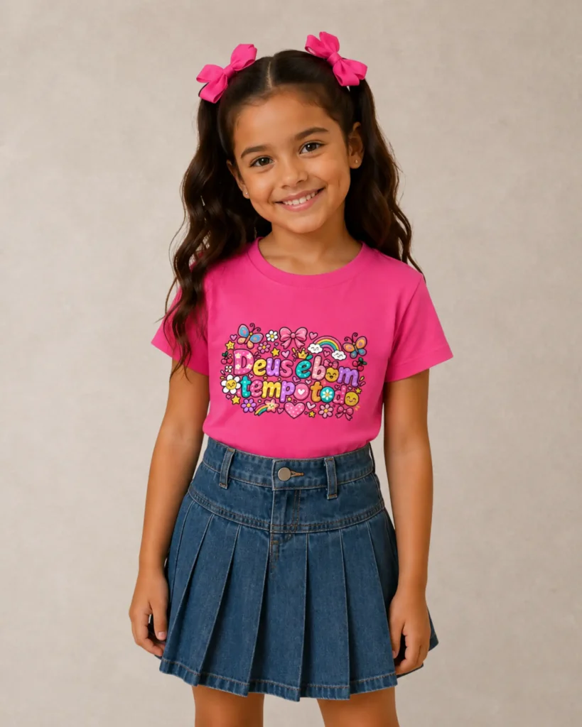 Camiseta feminina infantil Deus e bom o tempo todo rosa 001