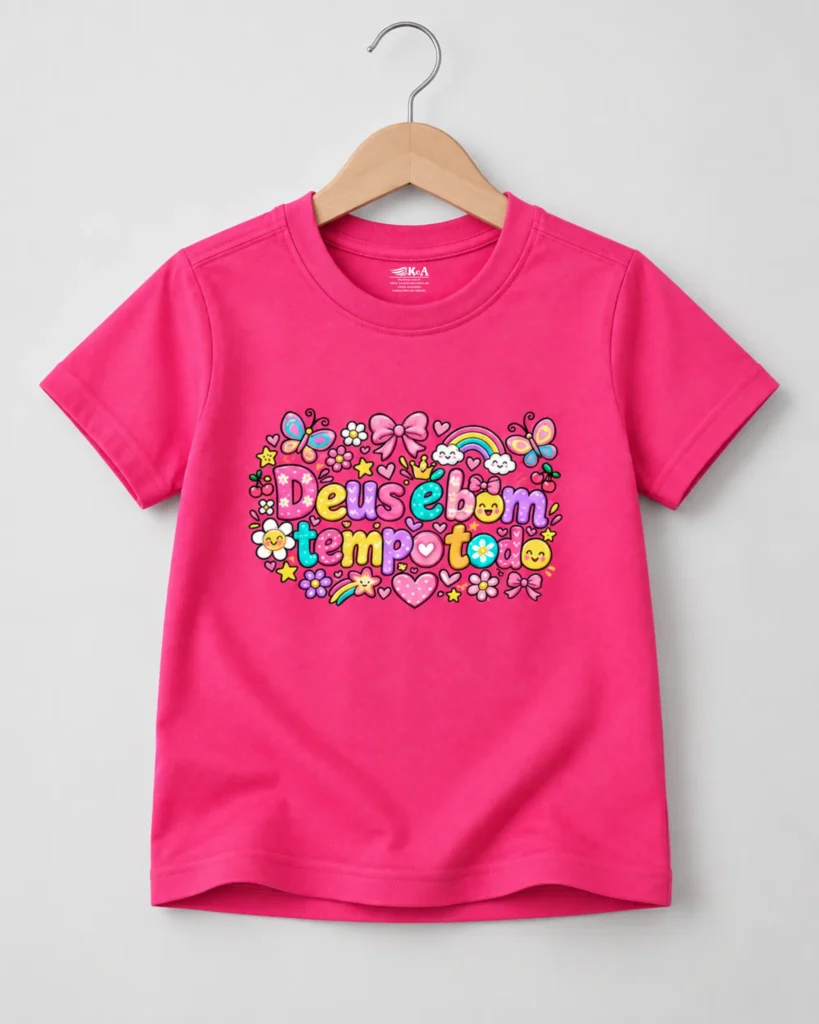 Camiseta feminina infantil Deus e bom o tempo todo rosa 002