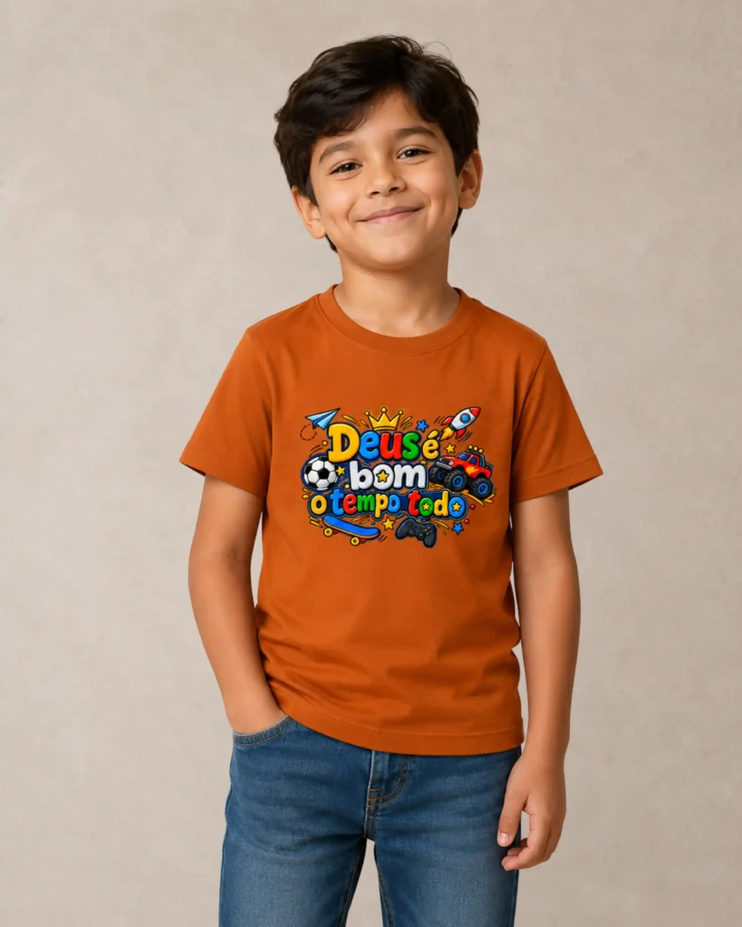 Camiseta infantil Deus e bom o tempo todo ferrugem 001