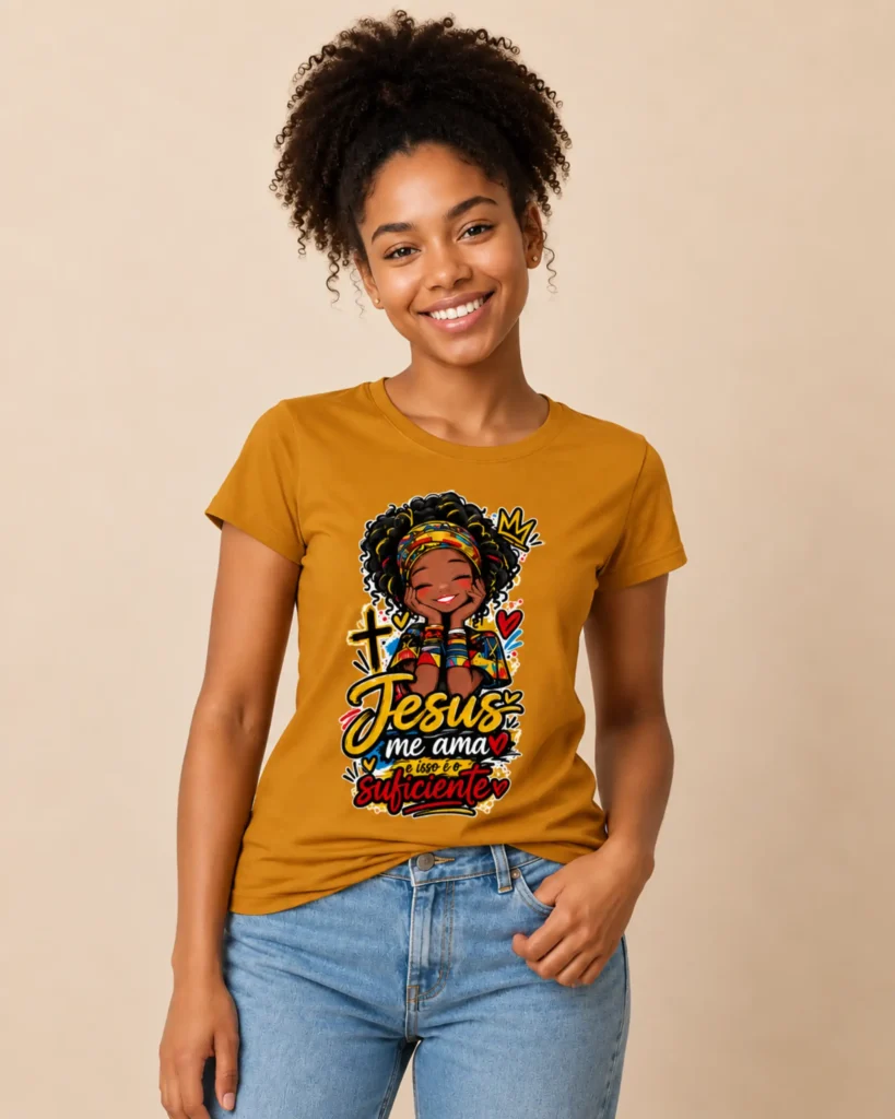 camiseta feminina juvenil Jesus me Ama mostarda 001